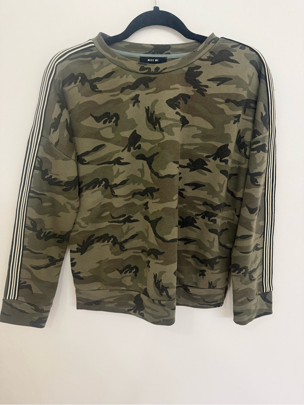 Miss Me Olive Green Camo Crewneck Sweatshirt with Stripe Sleeves